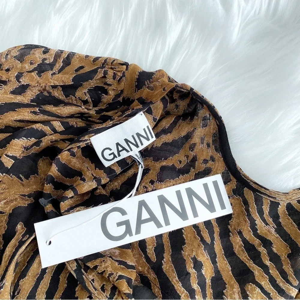 Gianni Tiger Print Bishop Sleeve Top Tie Back Animal Print Brown Orange NEW